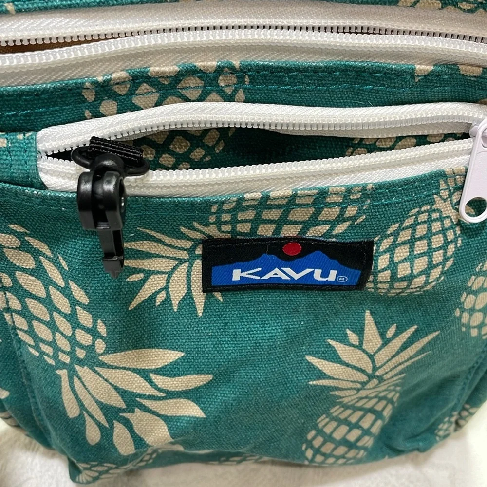 Kavu Keeper Crossbody Rope Bag Cotton Canvas Purse Pineapples Teal Blue & Gray - Picture 13 of 16